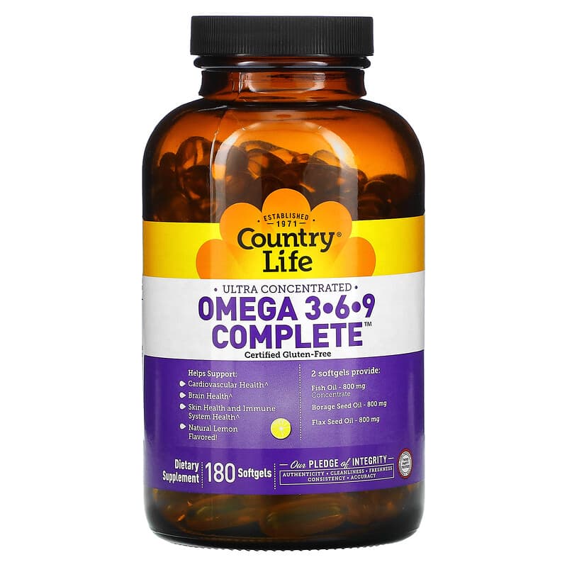 Country Life, Omega 3-6-9 Complete, Ultra Concentrated, Natural Lemon, 180 Softgels 15794041023