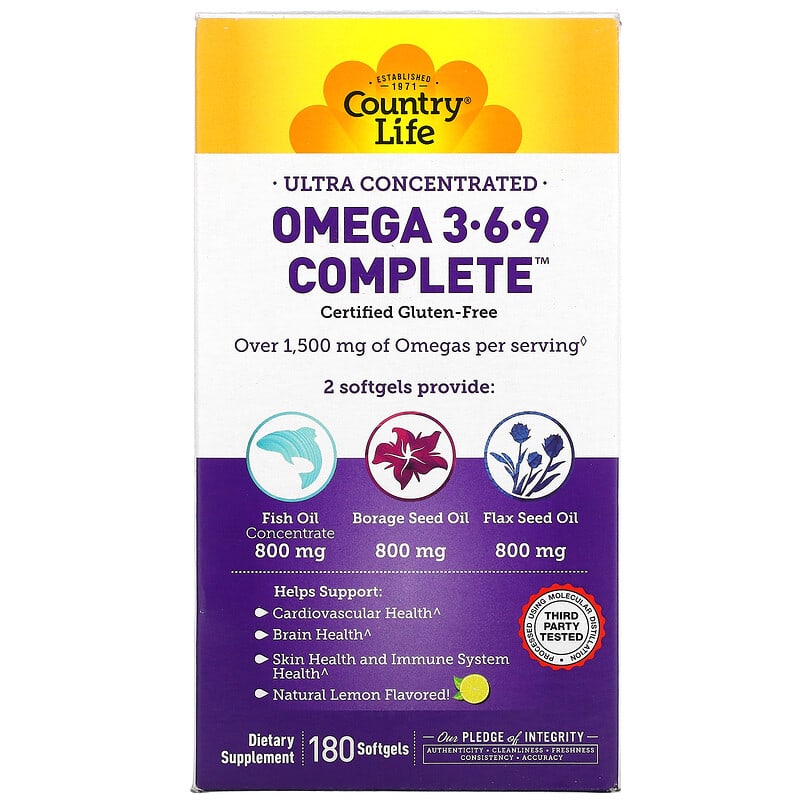 Country Life Omega 3-6-9 Complete Ultra Concentrated Natural Lemon 180 Softgels 15794041023