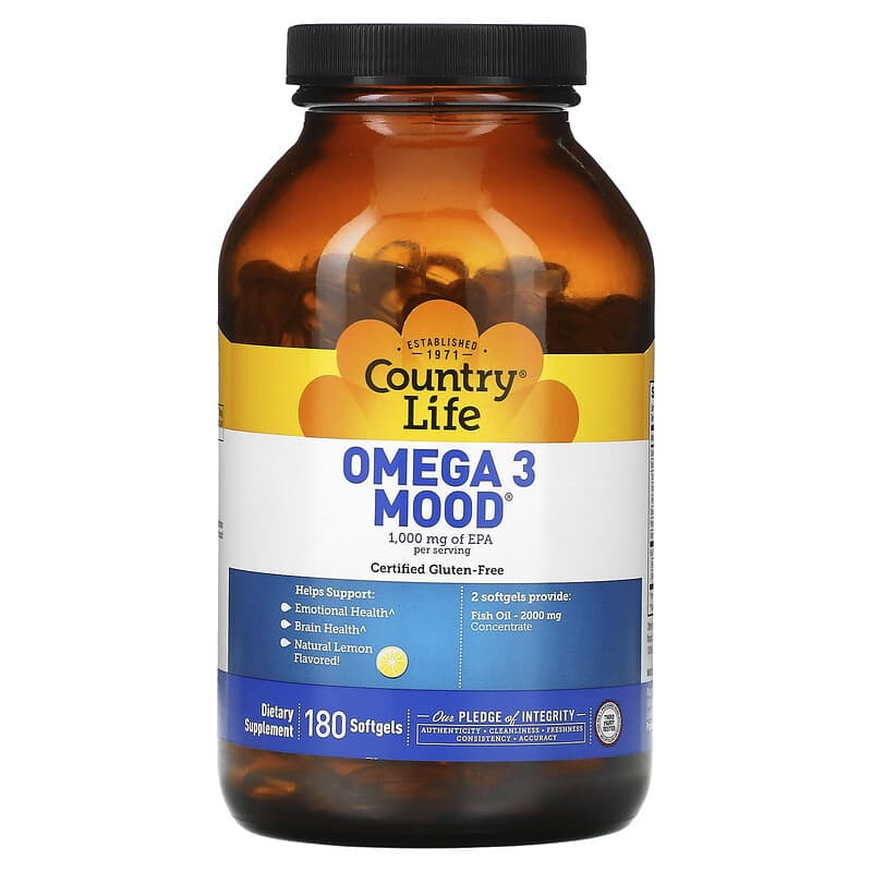 Country Life, Omega 3 Mood, Natural Lemon, 180 Softgels 15794041214