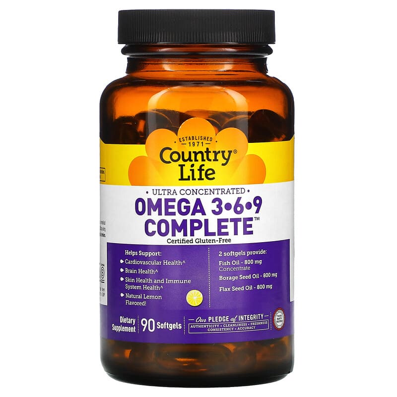 Country Life, Ultra Concentrated Omega 3-6-9 Complete, Natural Lemon, 90 Softgels 15794041009