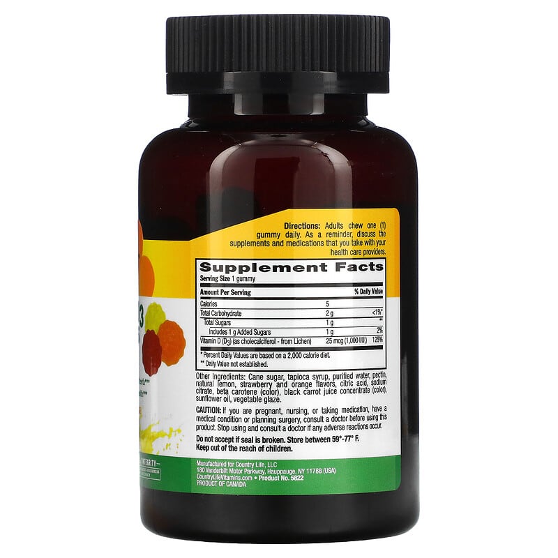 Country Life, Vegan D3 Gummies, Lemon, Strawberry & Orange Flavors, 25 mcg (1,000 IU), 60 Gummies 15794058229