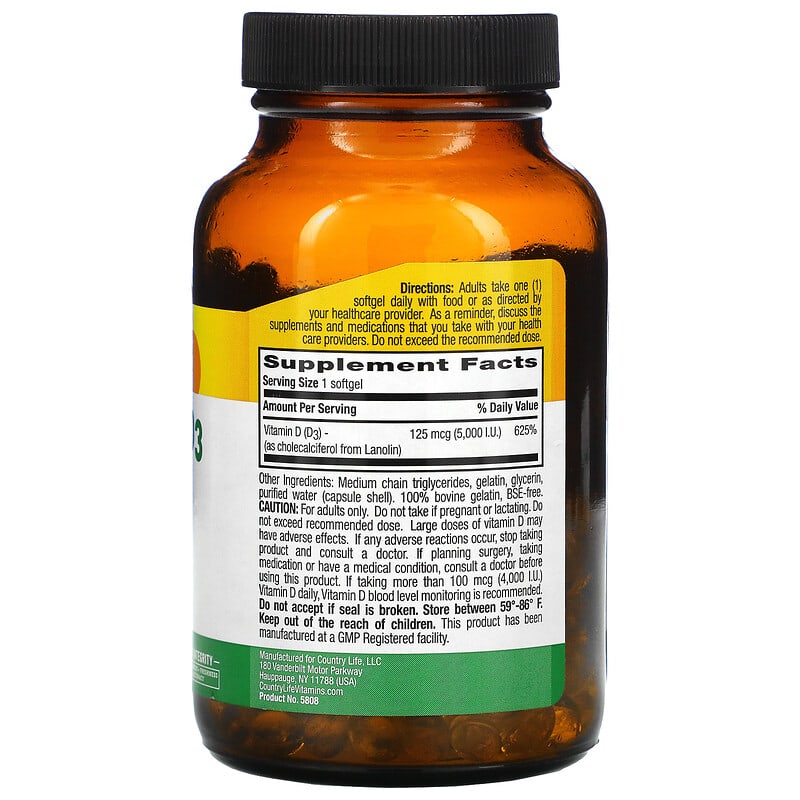 Country Life, Vitamin D3, 125 mcg (5,000 IU), 200 Softgels 15794058083