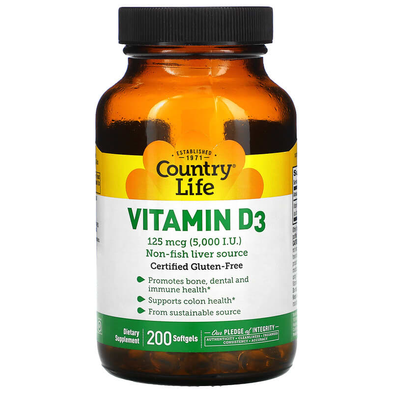 Country Life Vitamin D3 125 mcg (5,000 IU) 200 Softgels 15794058083