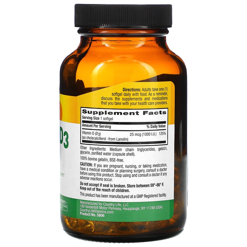 Country Life, Vitamin D3, 25 mcg (1,000 I.U.), 200 Softgels 15794058069
