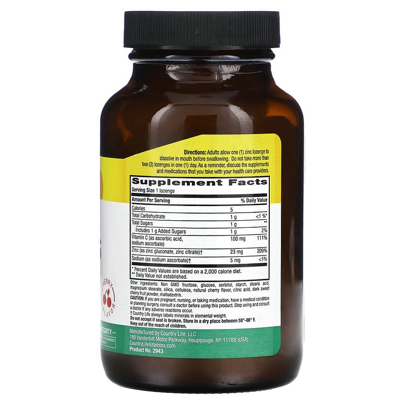 Country Life, Zinc Lozenges with Vitamin C, Cherry, 60 Lozenges 15794029434