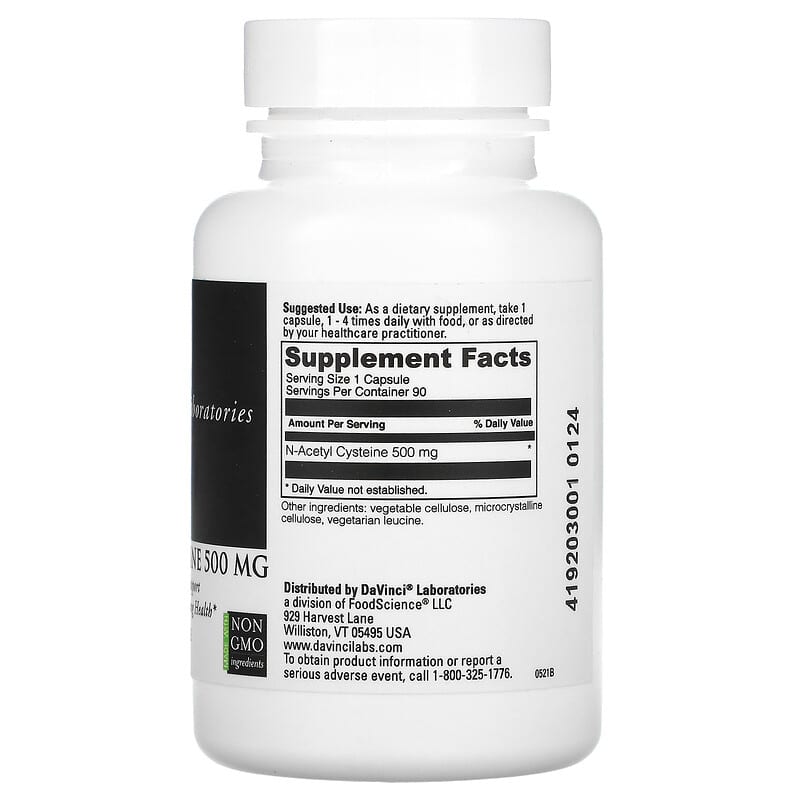 DaVinci Laboratories of Vermont, N-Acetyl Cysteine, 500 mg, 90 Capsules 26664229090