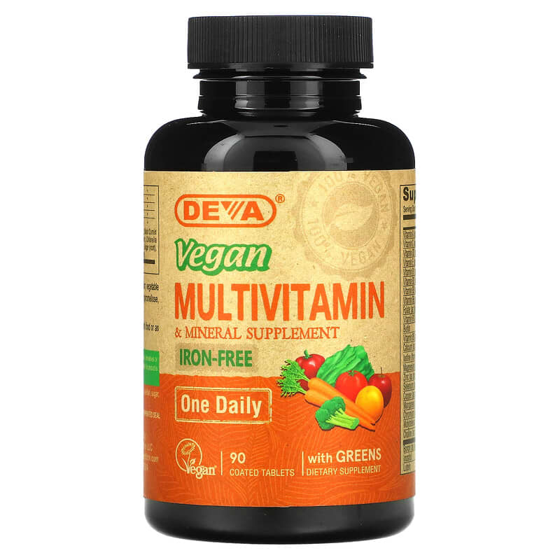 Deva Vegan Multivitamin & Mineral Supplement with Greens Iron Free 90 Coated Tablets 895634000195