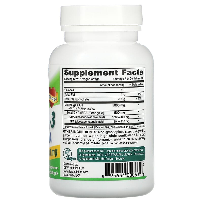 Deva, Vegan Omega-3 DHA-EPA, 500 mg, 60 Vegan Softgels 895634000638