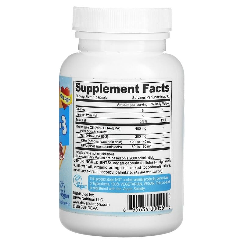 Deva, Vegan Omega-3 DHA-EPA, Delayed Release, 90 Vegan Caps 895634000553