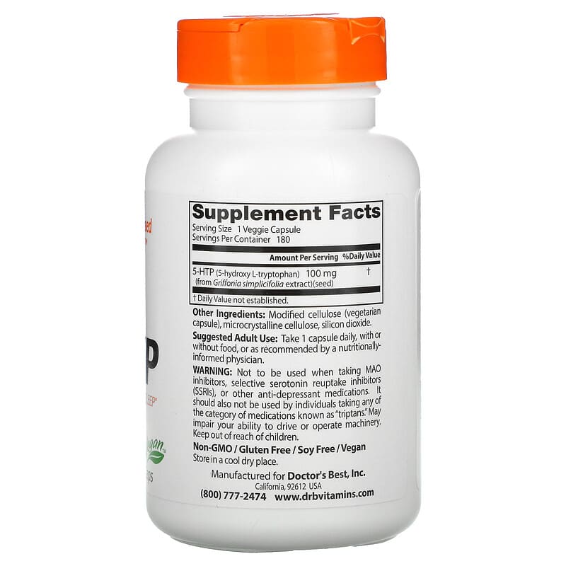 Doctor's Best, 5-HTP, 100 mg, 180 Veggie Caps 753950003125