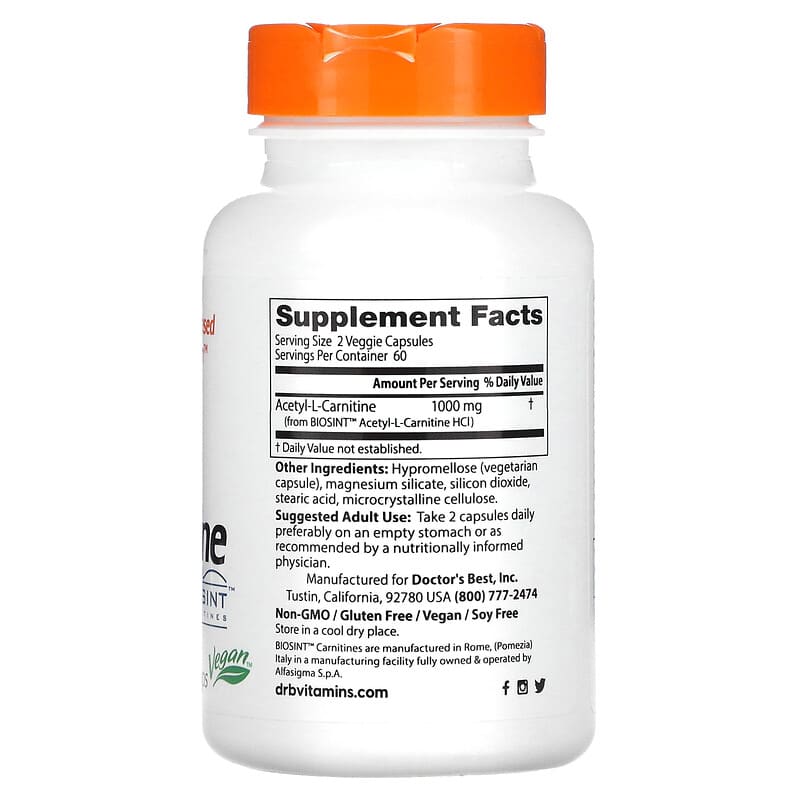 Doctor's Best, Acetyl-L-Carnitine with Biosint Carnitines, 500 mg, 120 Veggie Caps 753950001527