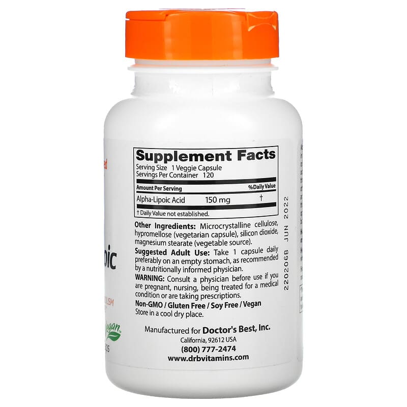 Doctor's Best, Alpha-Lipoic Acid, 150 mg, 120 Veggie Caps 753950001046