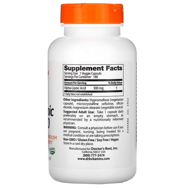 Doctor's Best, Alpha-Lipoic Acid 300, 300 mg, 180 Veggie Caps 753950002777