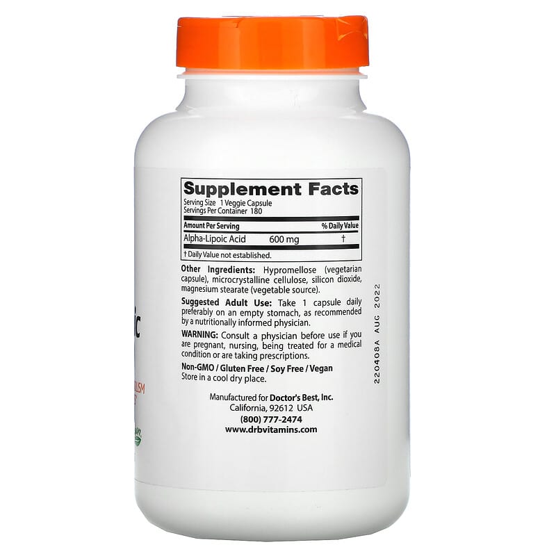 Doctor's Best, Alpha-Lipoic Acid 600, 600 mg, 180 Veggie Caps 753950002494
