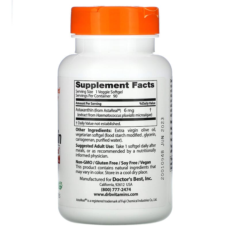 Doctor's Best, Astaxanthin with AstaReal, 6 mg, 90 Veggie Softgels 753950003675
