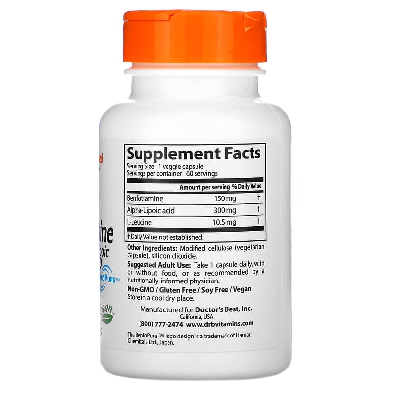 Doctor's Best, Benfotiamine 150 + Alpha-Lipoic Acid 300, 60 Veggie Caps 753950002517