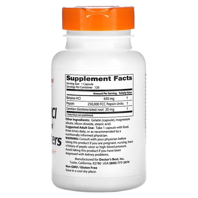 Doctor's Best, Betaine HCI Pepsin & Gentian Bitters, 120 Capsules 753950001633