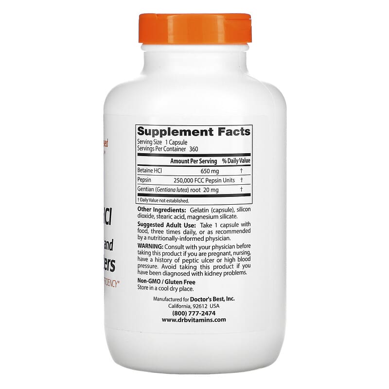 Doctor's Best, Betaine HCL, Pepsin and Gentian Bitters, 360 Capsules 753950003156