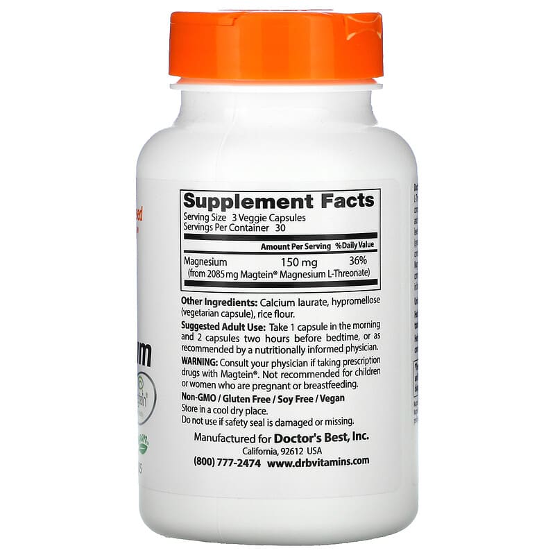 Doctor's Best, Brain Magnesium with Magtein, 50 mg, 90 Veggie Caps 753950002838