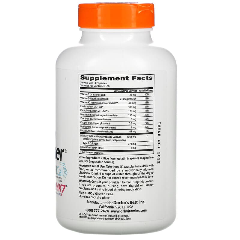 Doctor's Best, Calcium Bone Maker Complex with MCHCal and VitaMK7, 180 Capsules 753950002456