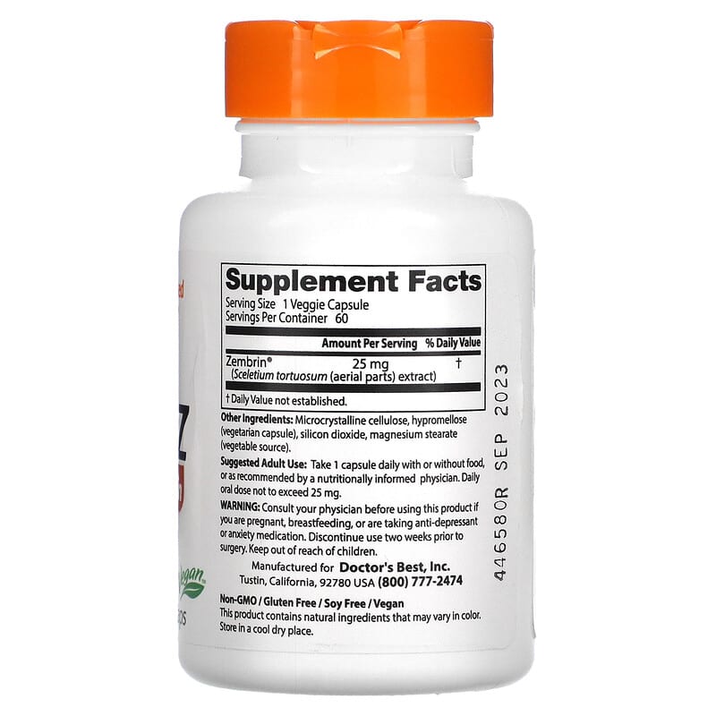 Doctor's Best, Calm-Z with Zembrin, 25 mg, 60 Veggie Caps 753950004566