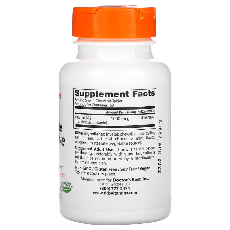 Doctor's Best, Chewable Fully Active B12, Chocolate Mint, 1,000 mcg, 60 Tablets 753950003286