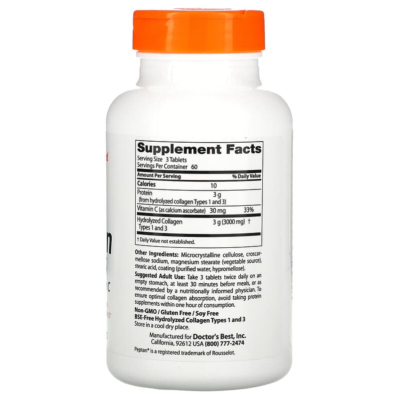 Doctor's Best, Collagen Types 1 and 3 with Peptan and Vitamin C, 1,000 mg, 180 Tablets 753950002043