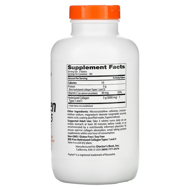 Doctor's Best, Collagen Types 1 and 3 with Peptan and Vitamin C, 1,000 mg, 540 Tablets 753950003583