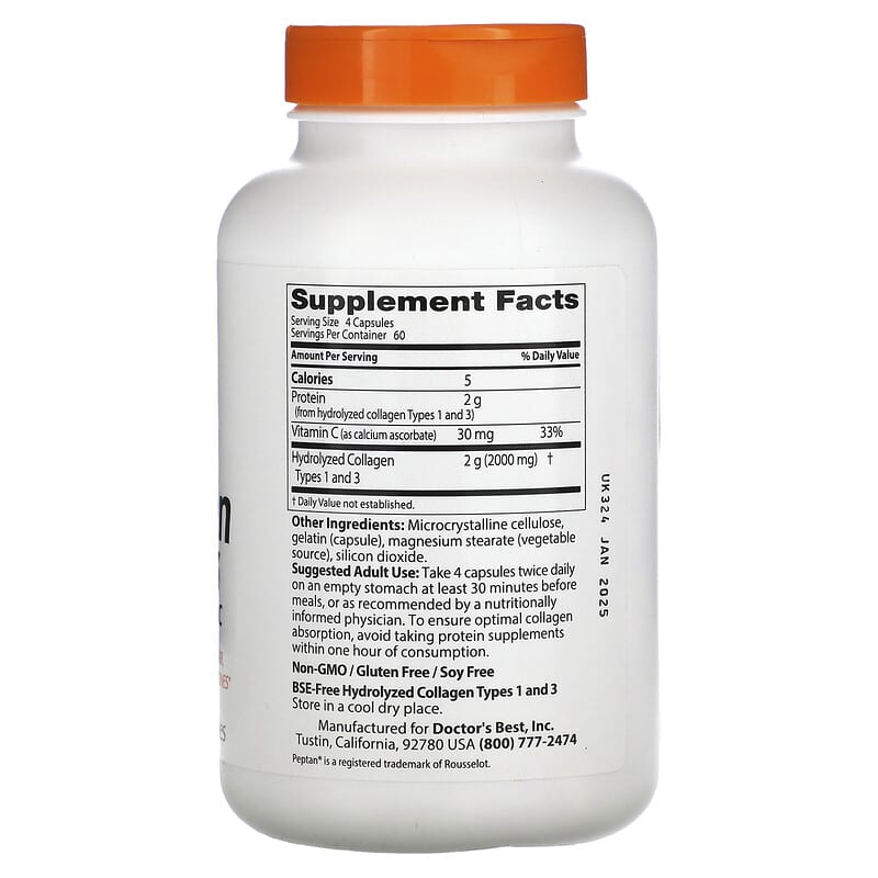 Doctor's Best, Collagen Types 1 and 3 with Peptan and Vitamin C, 125 mg, 240 Capsules 753950002630