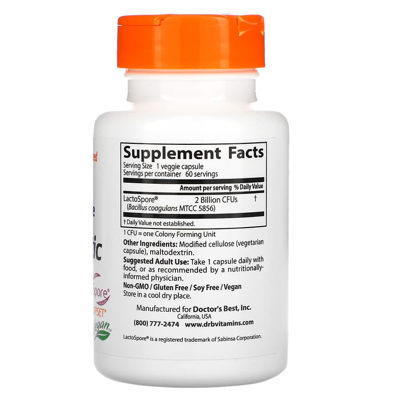 Doctor's Best, Digestive Health, Probiotic with LactoSpore, 2 Billion, 60 Veggie Caps 753950004641