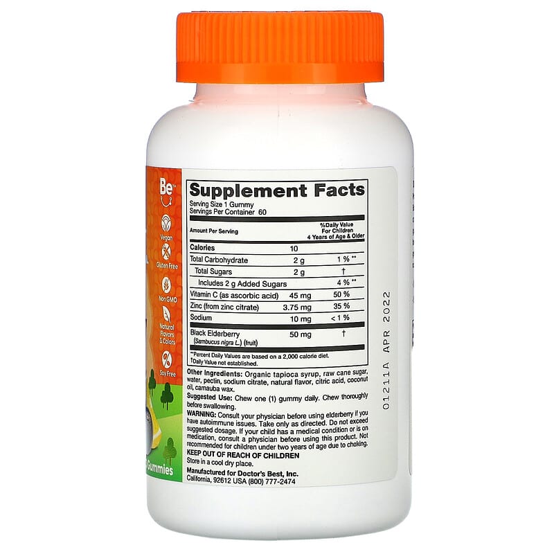 Doctor's Best, Doc's Kids, Elderberry Gummies with Vitamin C + Zinc, Berry Lemon Delight Flavor, 60 Gummies 753950005662