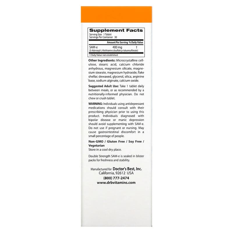 Doctor's Best, Double Strength SAM-e (Disulfate Tosylate), 400 mg, 30 Enteric Coated Tablets 753950001510