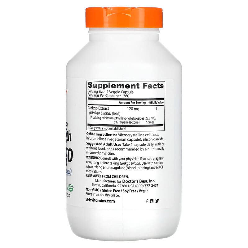 Doctor's Best, Extra Strength Ginkgo, 120 mg, 360 Veggie Caps 753950002739