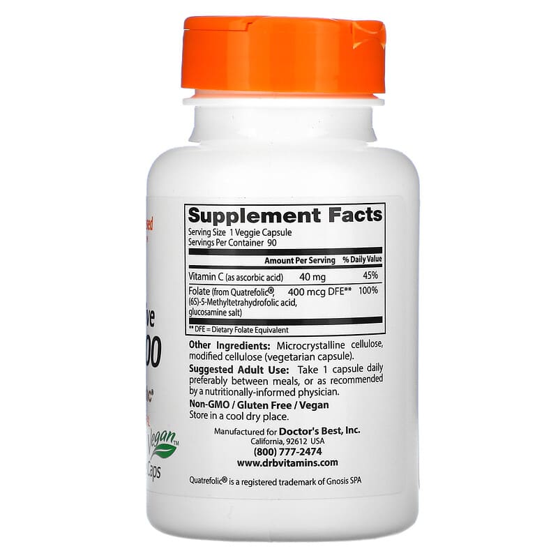 Doctor's Best, Fully Active Folate 400 with Quatrefolic, 400 mcg, 90 Veggie Caps 753950002623