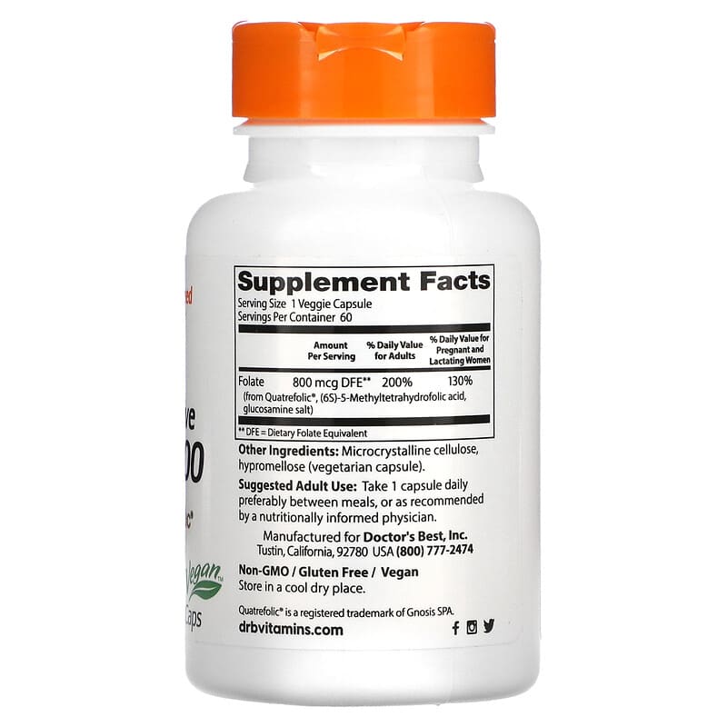 Doctor's Best, Fully Active Folate 800 with Quatrefolic, 800 mcg, 60 Veggie Caps 753950004580