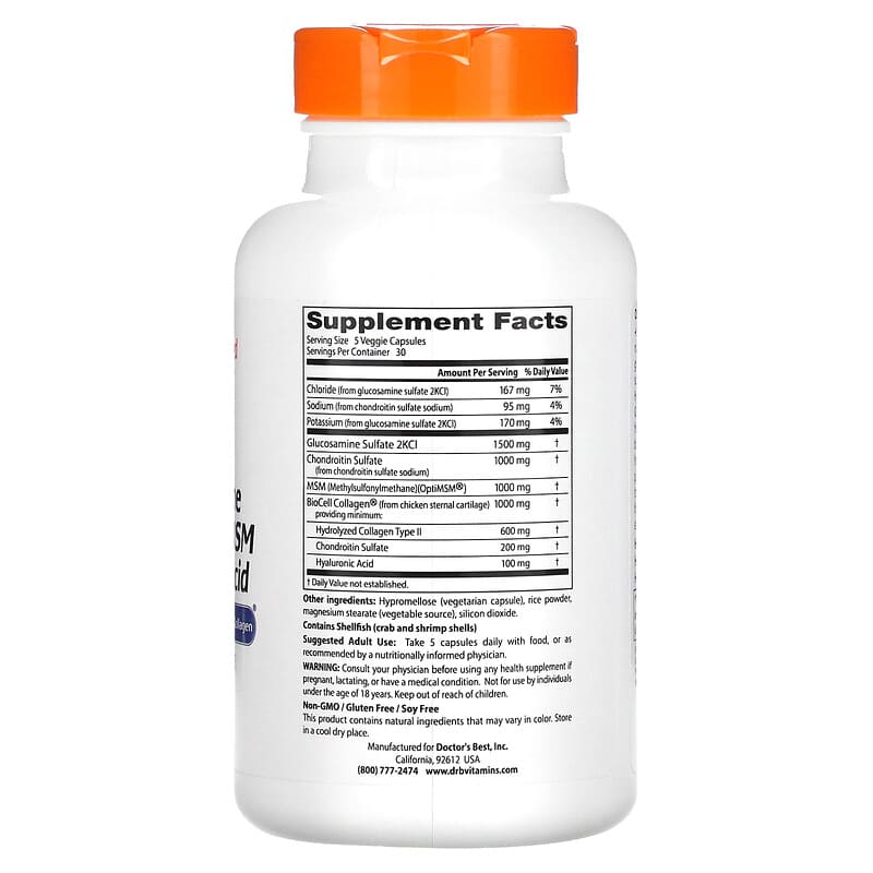 Doctor's Best, Glucosamine Chondroitin MSM + Hyaluronic Acid, 150 Veggie Caps 753950002715