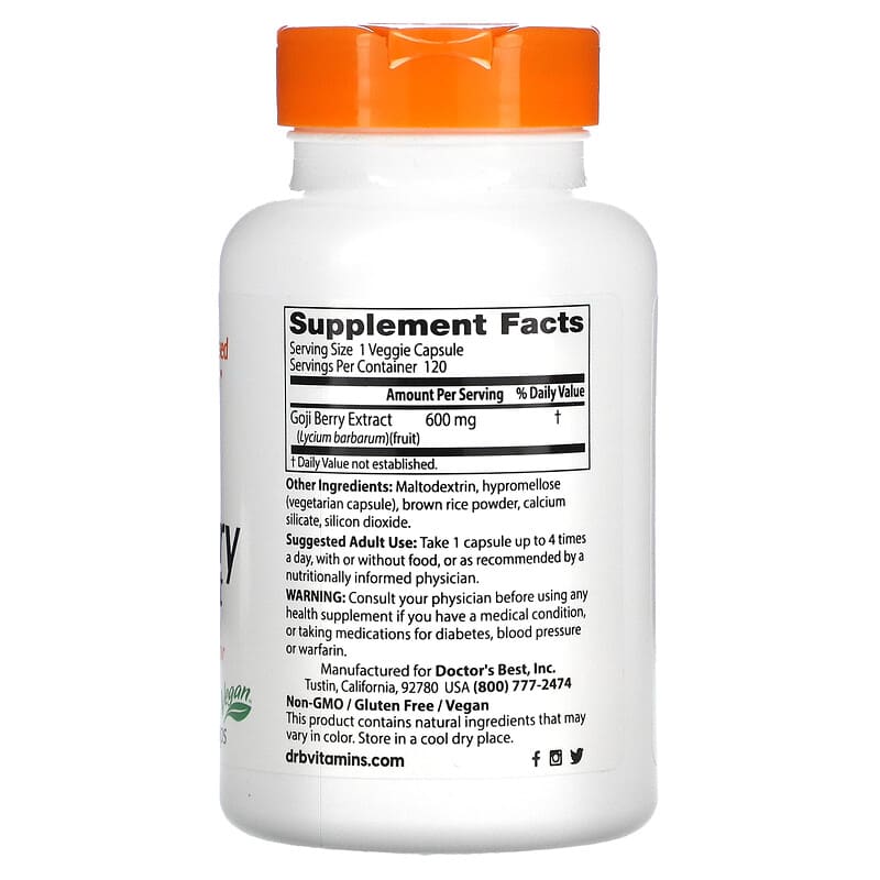Doctor's Best, Goji Berry Extract, 600 mg, 120 Veggie Caps 753950001534
