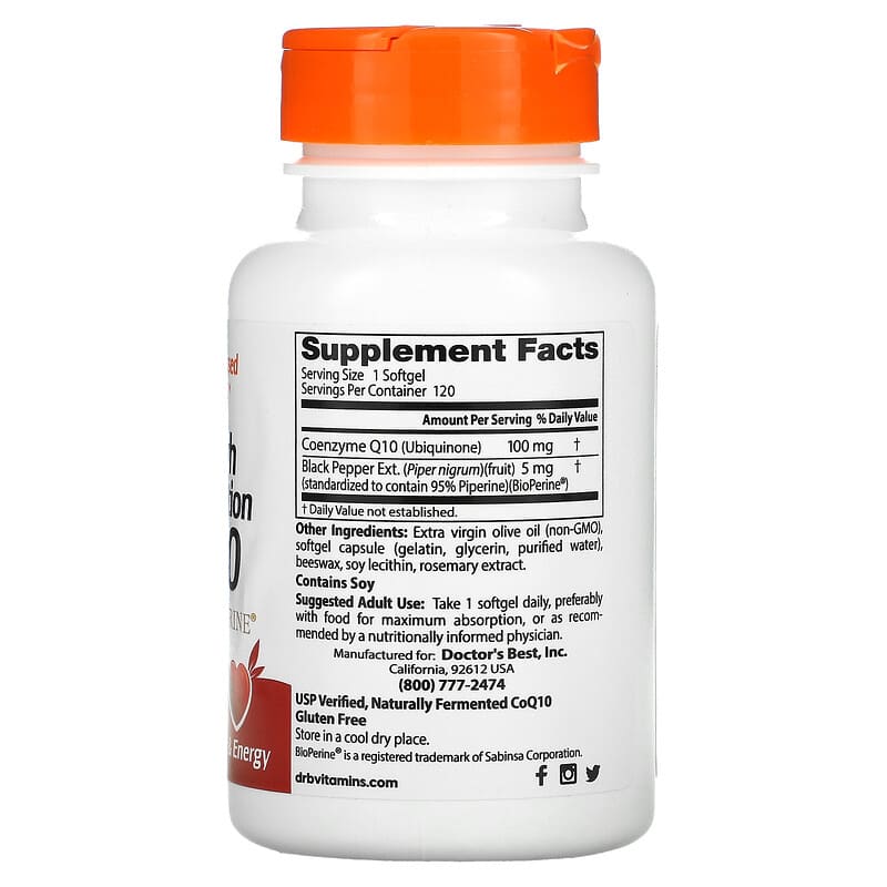 Doctor's Best, High Absorption CoQ10 with BioPerine, 100 mg, 120 Softgels 753950001831