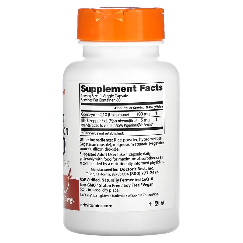 Doctor's Best, High Absorption CoQ10 with BioPerine, 100 mg, 60 Veggie Caps 753950000698