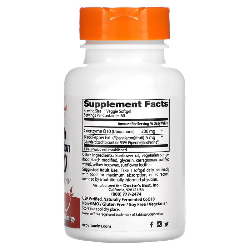 Doctor's Best, High Absorption CoQ10 with BioPerine, 200 mg, 60 Veggie Softgels 753950004122