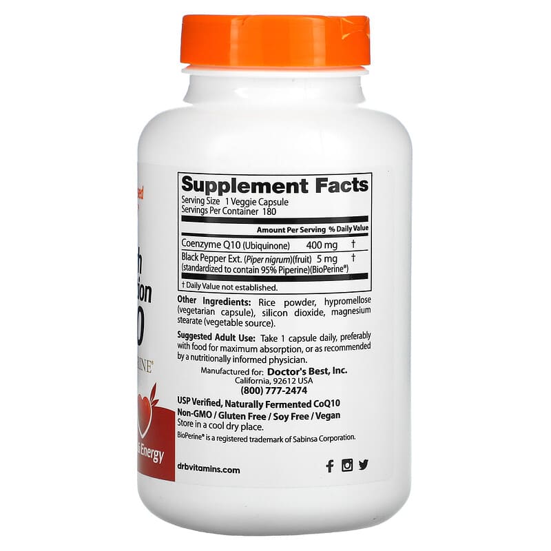 Doctor's Best, High Absorption CoQ10 with BioPerine, 400 mg, 180 Veggie Caps 753950003323
