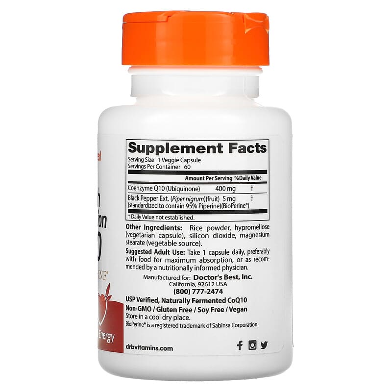 Doctor's Best, High Absorption CoQ10 with BioPerine, 400 mg, 60 Veggie Caps 753950001572