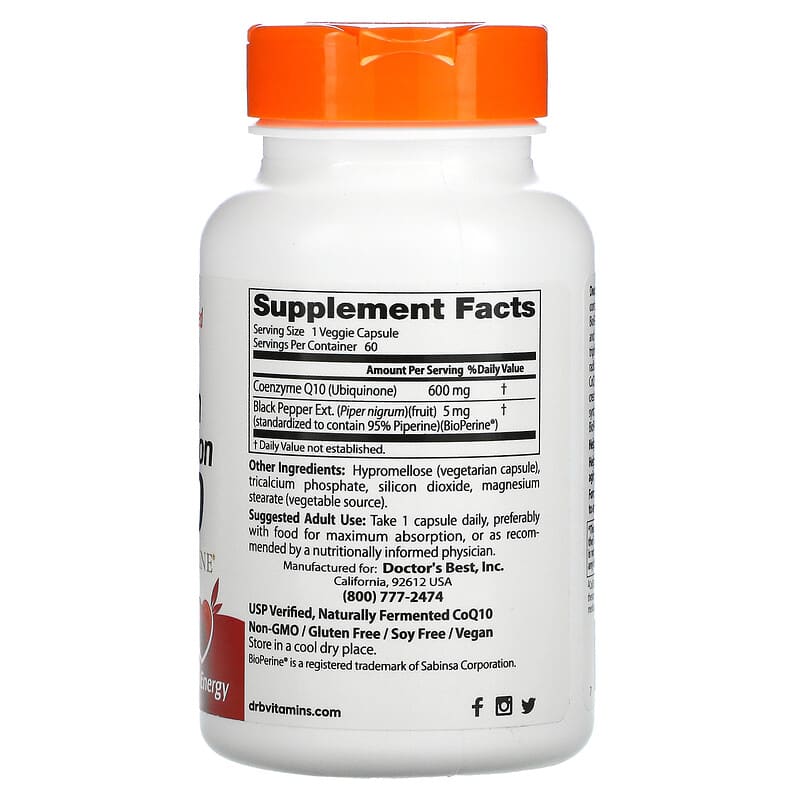 Doctor's Best, High Absorption CoQ10 with BioPerine, 600 mg, 60 Veggie Caps 753950002647