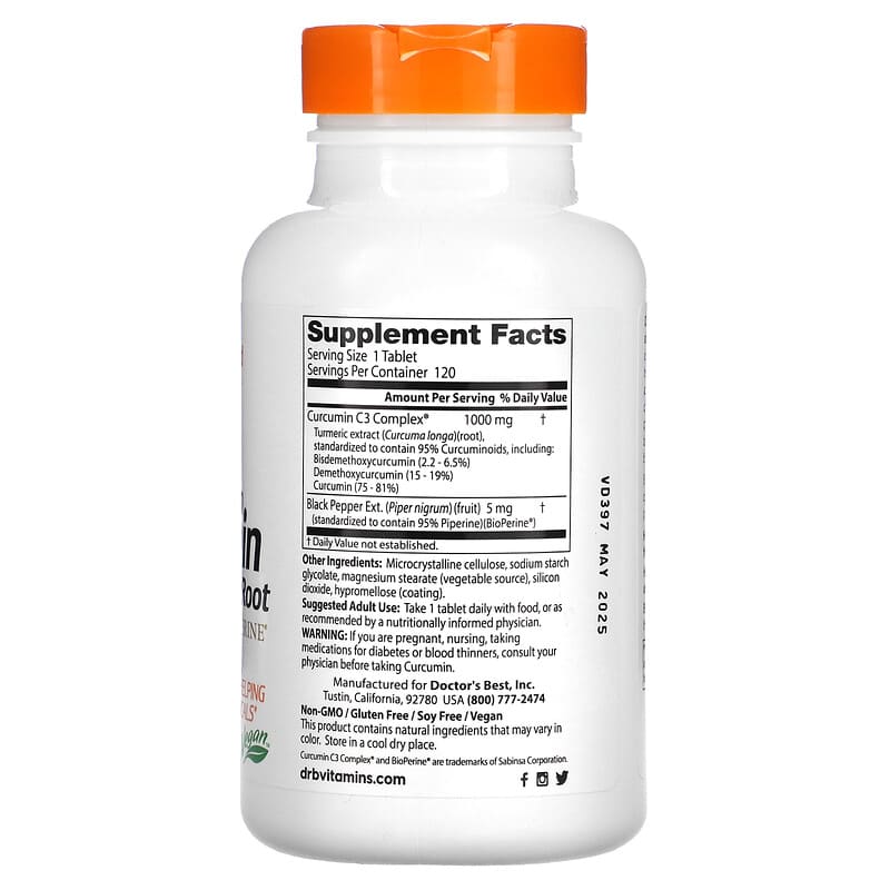 Doctor's Best, High Absorption Curcumin, 1,000 mg, 120 Tablets 753950001954