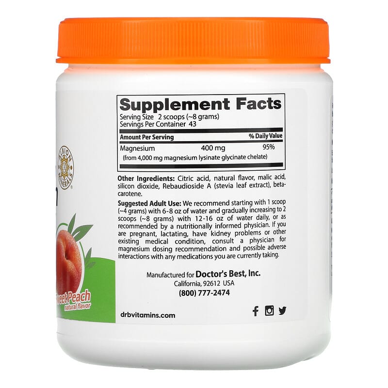Doctor's Best, High Absorption Magnesium Powder, Sweet Peach, 12.3 oz (347 g) 753950005181