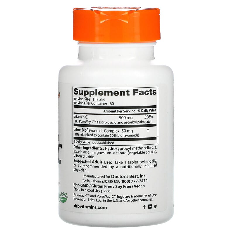 Doctor's Best, High Absorption Vitamin C with PureWay-C, 500 mg, 60 Tablets 753950001916