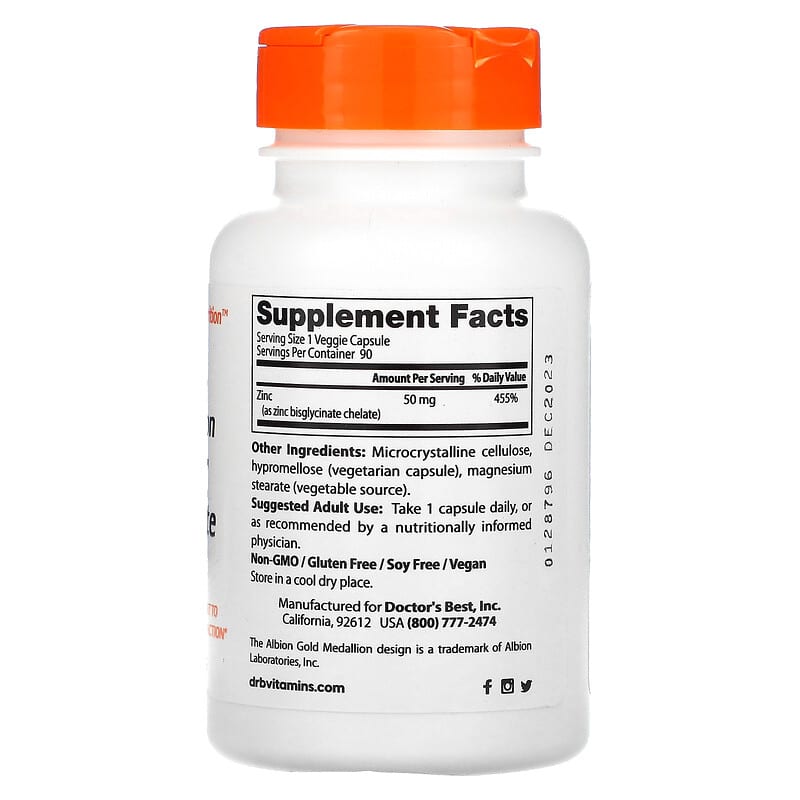 Doctor's Best, High Absorption Zinc Bisglycinate, 100% Chelated, 50 mg, 90 Veggie Caps 753950005730