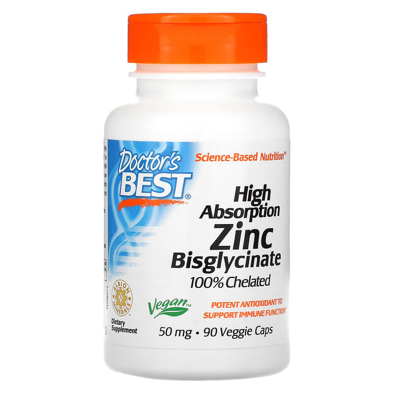 Doctor's Best High Absorption Zinc Bisglycinate 100% Chelated 50 mg 90 Veggie Caps 753950005730