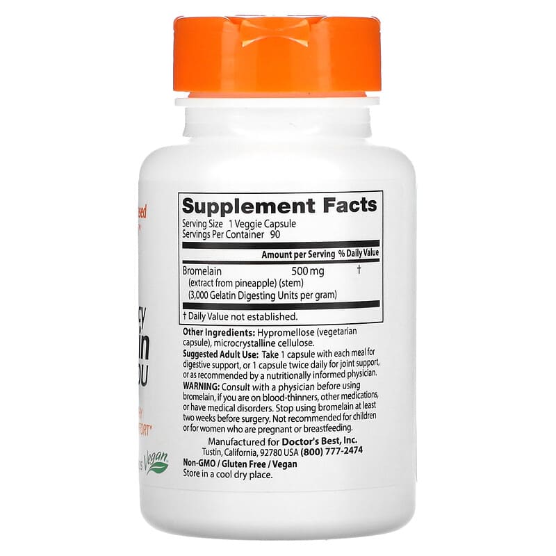 Doctor's Best, High Potency Bromelain 3000 GDU, 500 mg, 90 Veggie Caps 753950002159