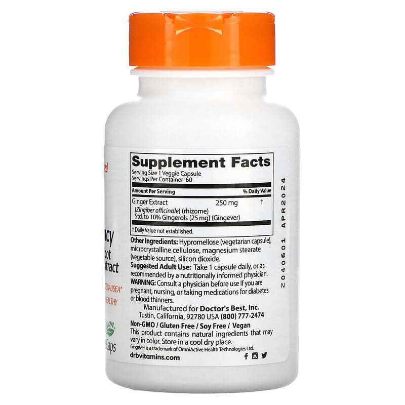 Doctor's Best, High Potency Ginger Root Extract, 250 mg, 60 Veggie Caps 753950005693